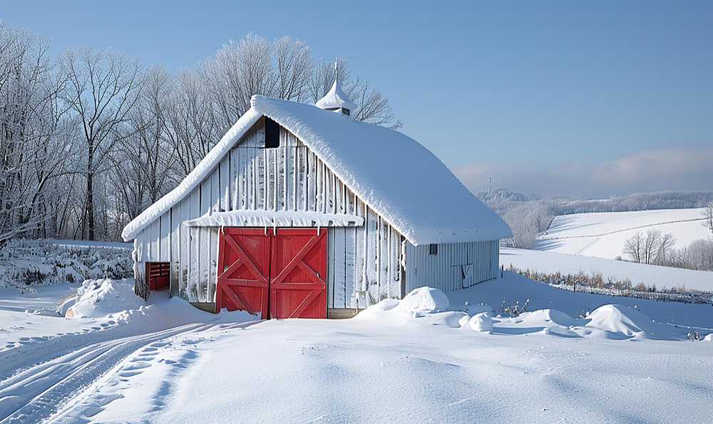 A pole barn with a steep roof pitch, covered in snow