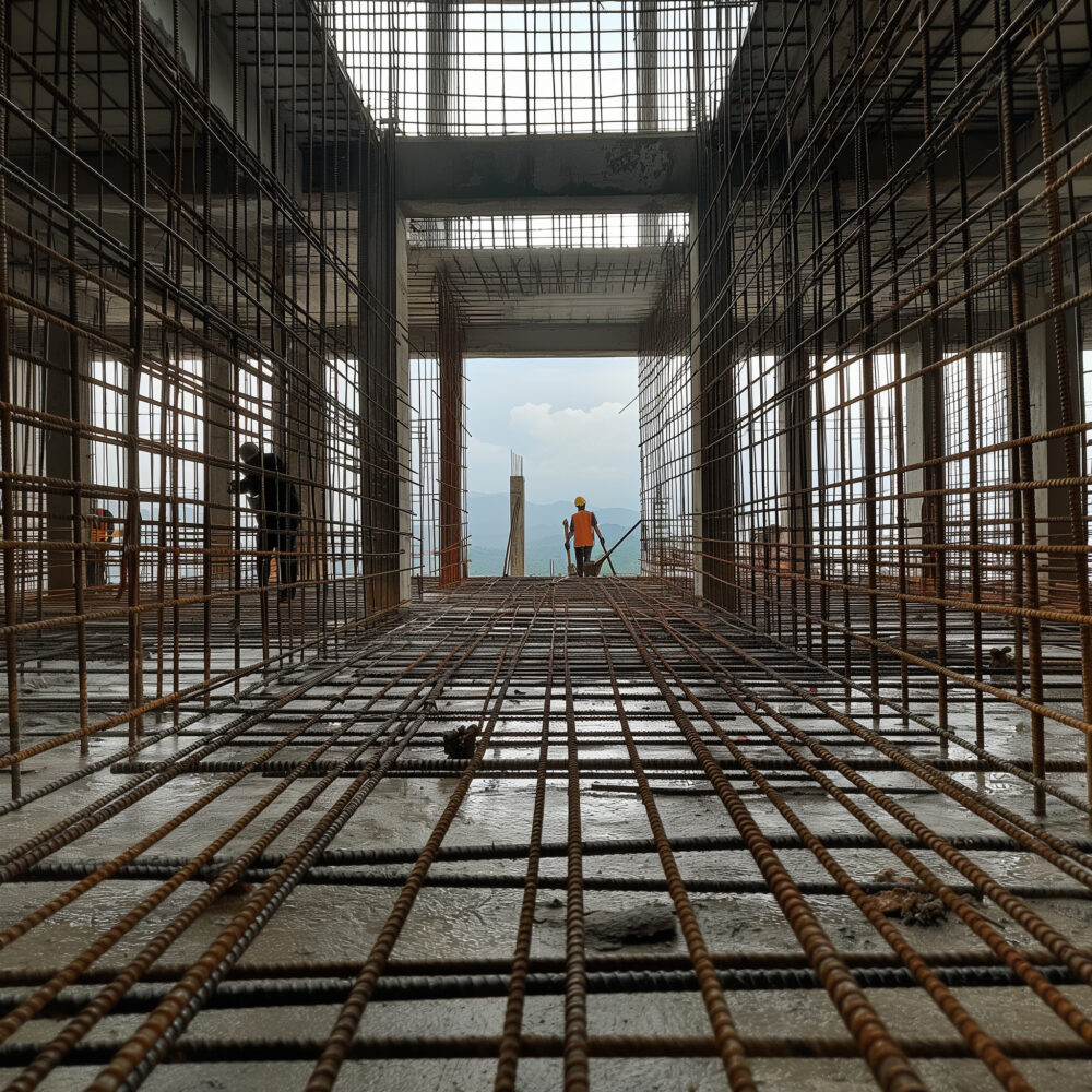 Reinforced steel framework under construction in a high-rise building project.