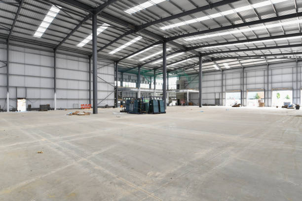 Large commercial steel building interior under construction