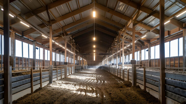 Horse barn interior featuring large windows and lights