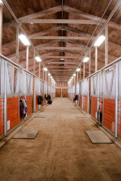 Interior of wooden horse barn with individual stall spaces