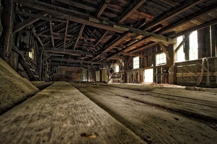 Rustic wooden interior of traditional swine barn structure